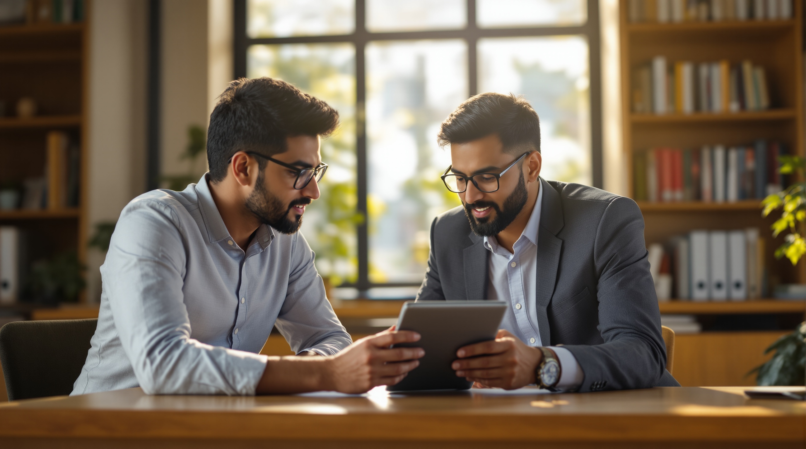 JAIN Online BBA faculty mentor guiding a student at a wooden desk